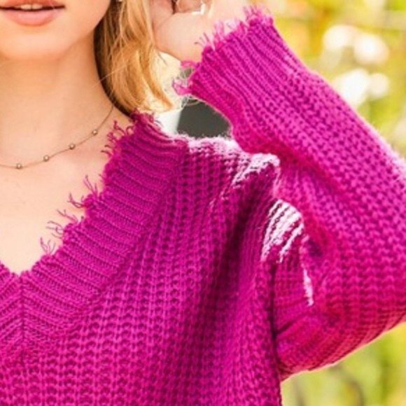 Off Shoulder Distressed V Neck Sweater Magenta Pink - Picture 5 of 7